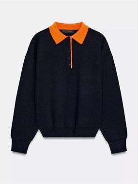 Zara Black Zip-Up Sweater with Orange Polo Collar